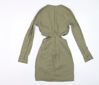 Zara Womens Khaki Cut Out Bodycon Mini Dress Long Sleeve UK 10