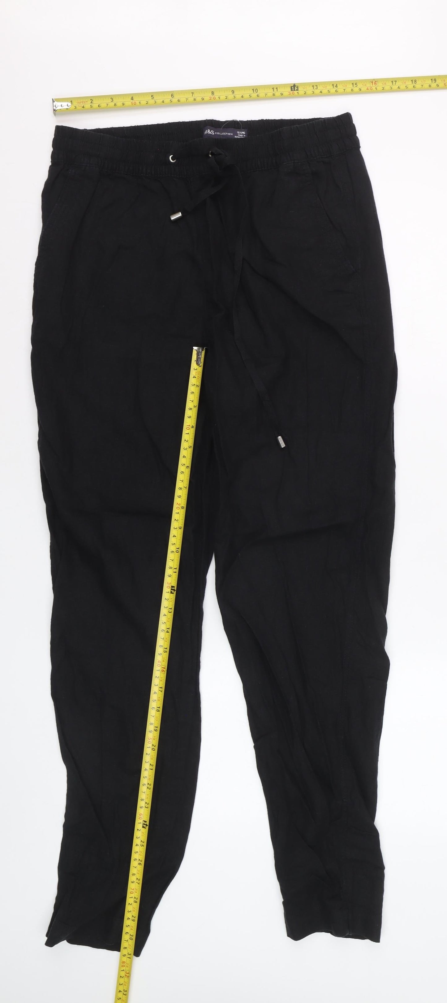 Marks and Spencer Women’s Black Linen Blend Drawstring Trousers Size 12
