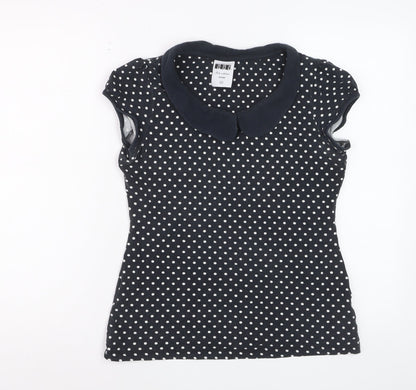 Next Women Blue Polka Dot Collared Short Sleeve Cotton T-Shirt Size 14