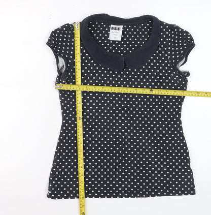 Next Women Blue Polka Dot Collared Short Sleeve Cotton T-Shirt Size 14