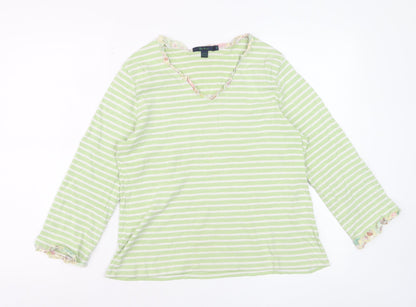 Boden Women Green Striped Long Sleeve Cotton V-Neck Top L