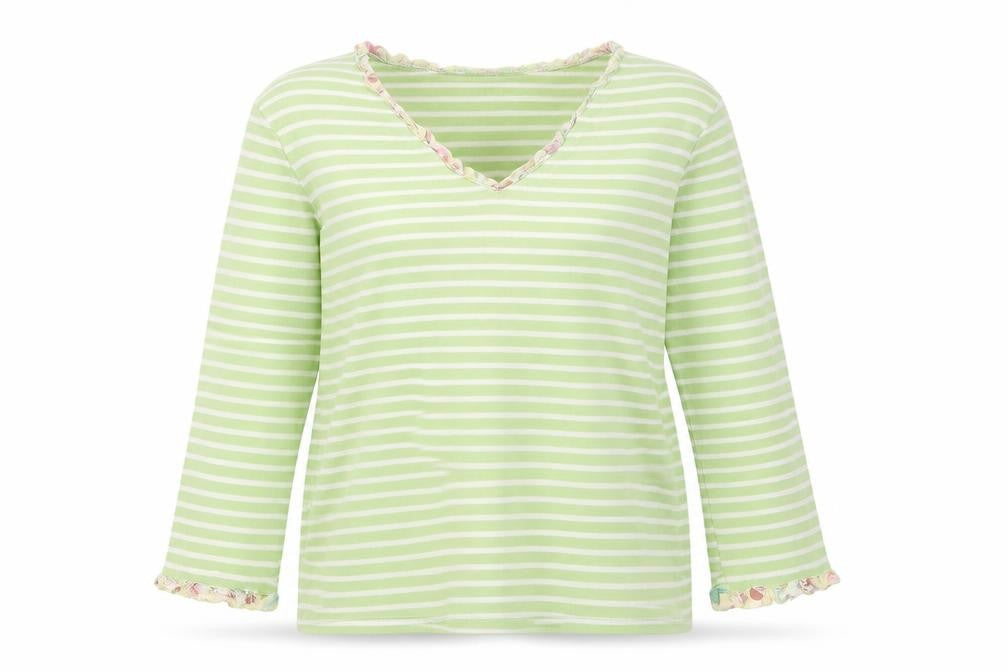 Boden Women Green Striped Long Sleeve Cotton V-Neck Top L