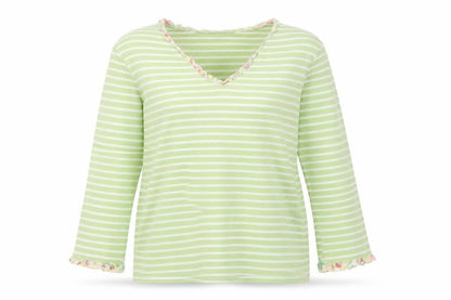 Boden Women Green Striped Long Sleeve Cotton V-Neck Top L