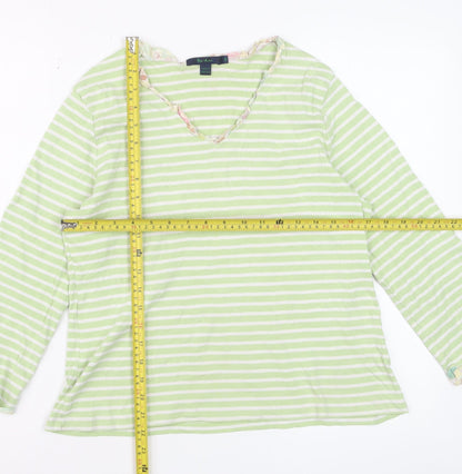 Boden Women Green Striped Long Sleeve Cotton V-Neck Top L