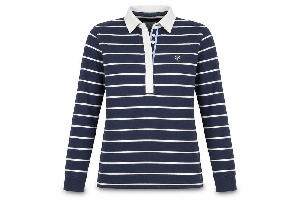 Crew Clothing Co. Womens Blue Striped Long Sleeve Polo Shirt Size 10