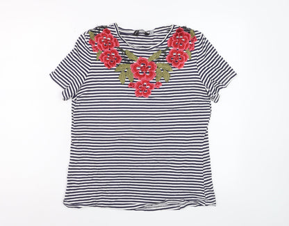 Dorothy Perkins Women Blue Striped Embroidered Floral Cotton T-Shirt Size 14