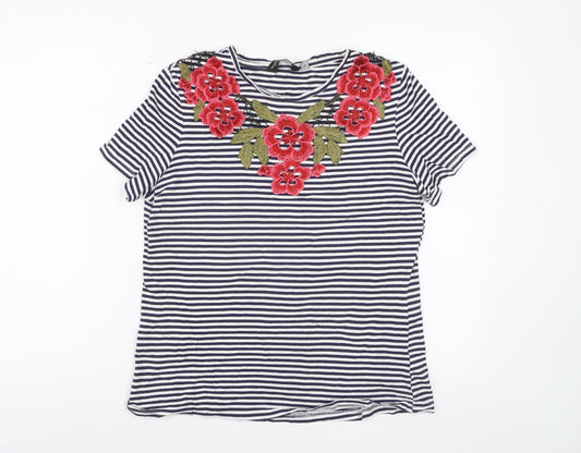 Dorothy Perkins Women Blue Striped Embroidered Floral Cotton T-Shirt Size 14