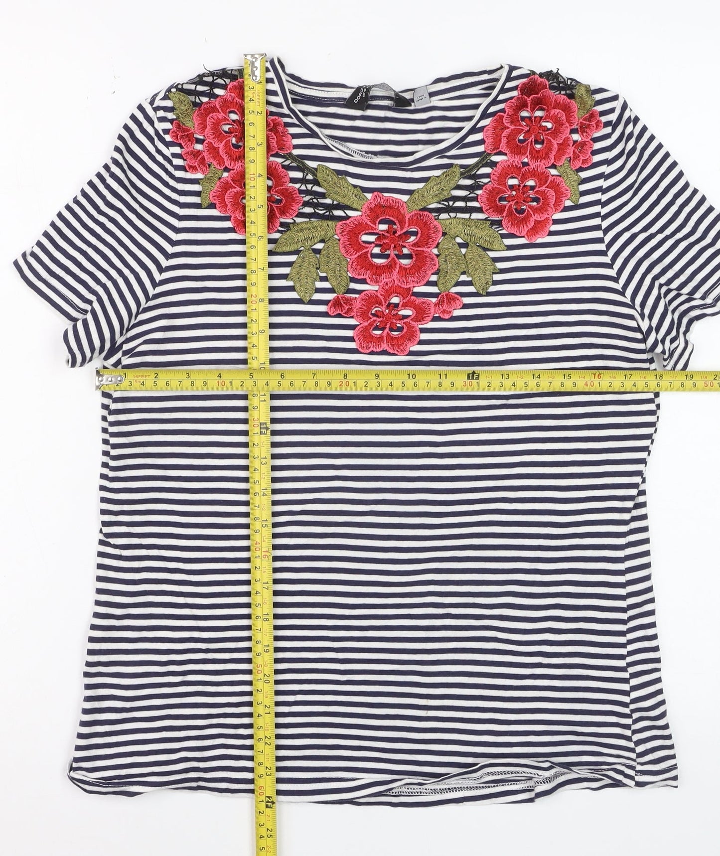 Dorothy Perkins Women Blue Striped Embroidered Floral Cotton T-Shirt Size 14