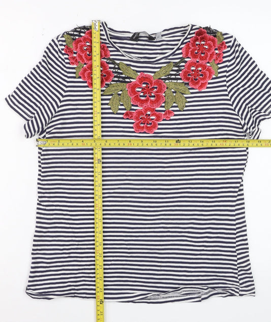Dorothy Perkins Women Blue Striped Embroidered Floral Cotton T-Shirt Size 14