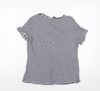 Dorothy Perkins Women Blue Striped Embroidered Floral Cotton T-Shirt Size 14