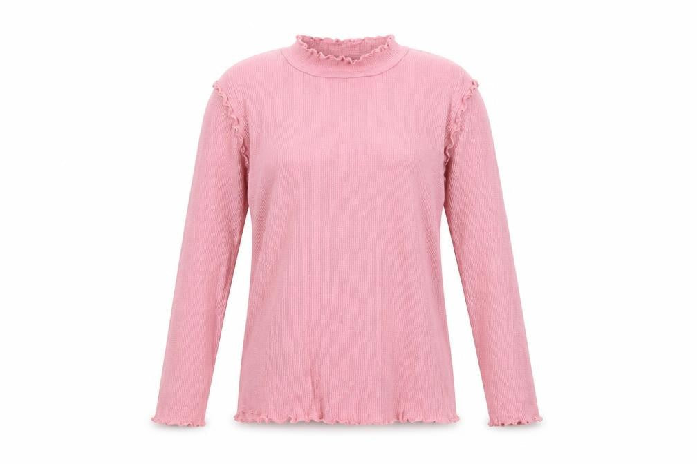 Marks & Spencer Women Pink Ruffle Mock Neck Long Sleeve Cotton Top Size 22