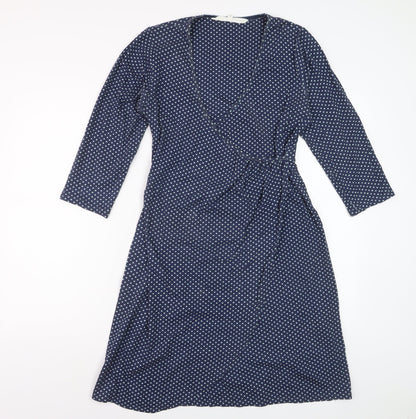 Braintree Women Blue Polka Dot Wrap Dress Size S 3/4 Sleeve V-Neck