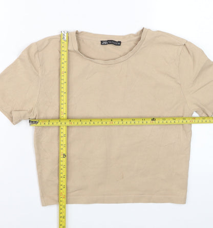 ZARA Women Beige Cropped Crew Neck Cotton T-Shirt Size 12