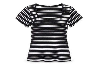 M&Co Womens Black Striped Cotton Short Sleeve T-Shirt Size 14