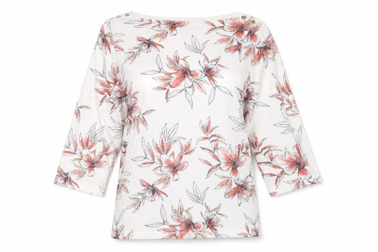 Bonmarché Women’s White Floral 3/4 Sleeve Cotton T-Shirt Size 14