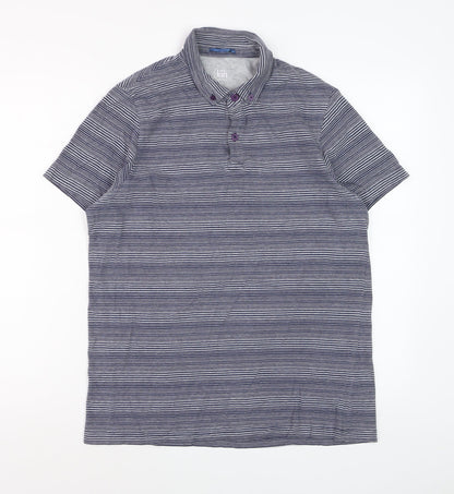 John Lewis Men Blue Striped Short Sleeve Cotton Polo Shirt M