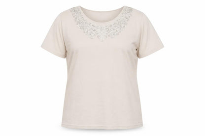 Berkertex Women Beige Embroidered Short Sleeve T-Shirt Size 16