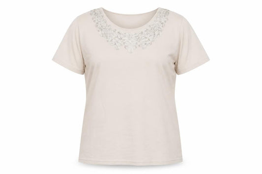 Berkertex Women Beige Embroidered Short Sleeve T-Shirt Size 16