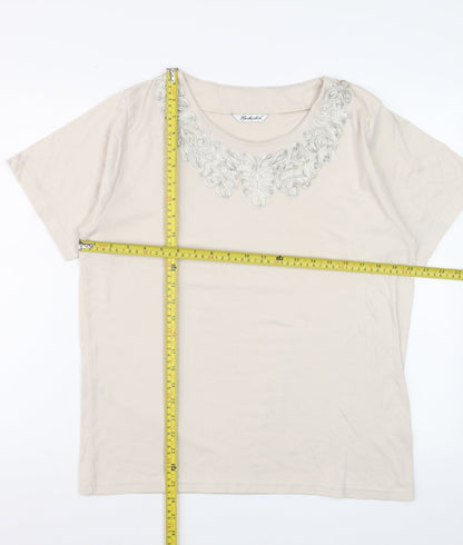 Berkertex Women Beige Embroidered Short Sleeve T-Shirt Size 16