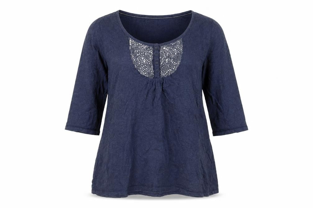 Fat Face Womens Navy Blue Cotton Tunic Blouse Size 14 Embroidered 3/4 Sleeve