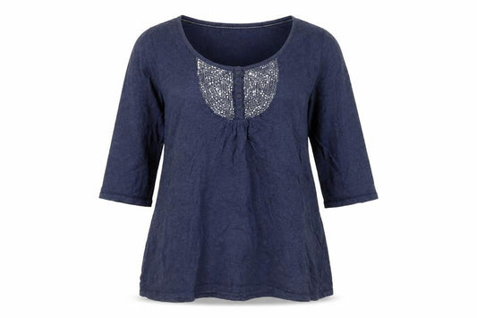 Fat Face Womens Navy Blue Cotton Tunic Blouse Size 14 Embroidered 3/4 Sleeve
