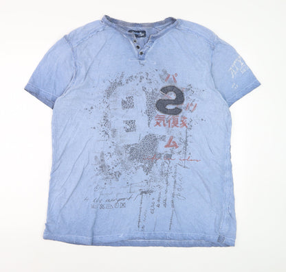 Desigual Men Blue Graphic Henley T-Shirt Size 2XL Cotton