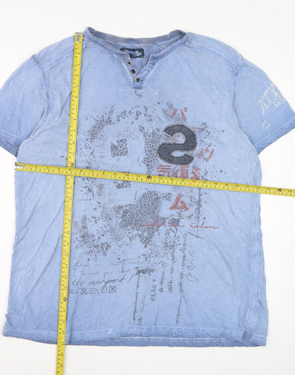 Desigual Men Blue Graphic Henley T-Shirt Size 2XL Cotton