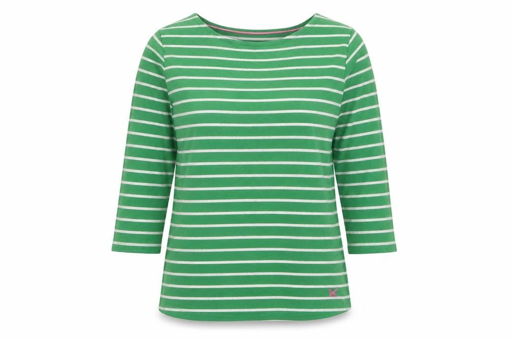 Front view of Crew Clothing Green Striped 3/4 Sleeve Cotton T-Shirt, size 12