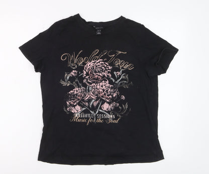 New Look Women's Black Floral Music Graphic Cotton T-Shirt Size 12