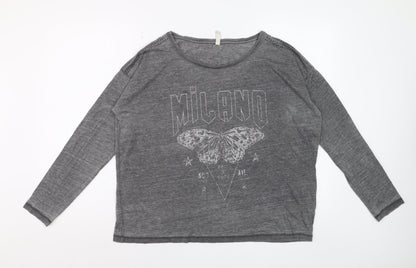 Blendshe Womens Grey Milano Butterfly Long Sleeve Relaxed Fit T-Shirt Size M