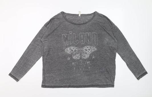Blendshe Womens Grey Milano Butterfly Long Sleeve Relaxed Fit T-Shirt Size M