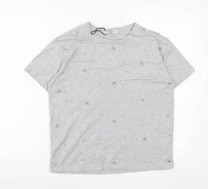 Stradivarius Women's Grey Beaded Short Sleeve Cotton T-Shirt XS