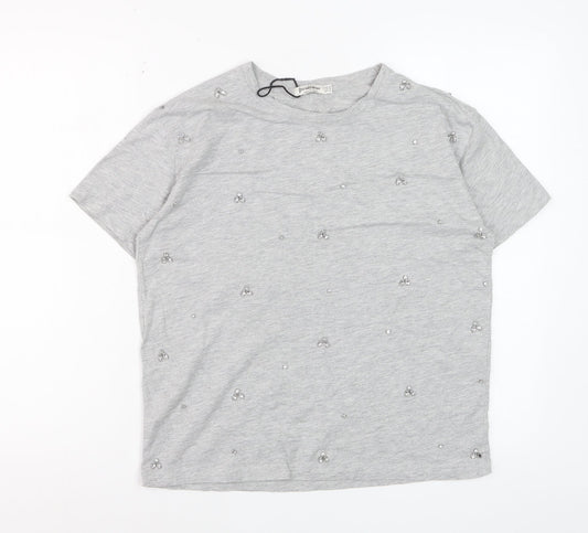 Stradivarius Women's Grey Beaded Short Sleeve Cotton T-Shirt XS