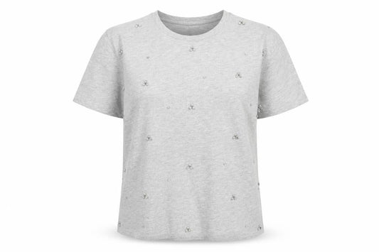 Stradivarius Women's Grey Beaded Short Sleeve Cotton T-Shirt XS