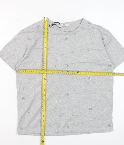 Stradivarius Women's Grey Beaded Short Sleeve Cotton T-Shirt XS