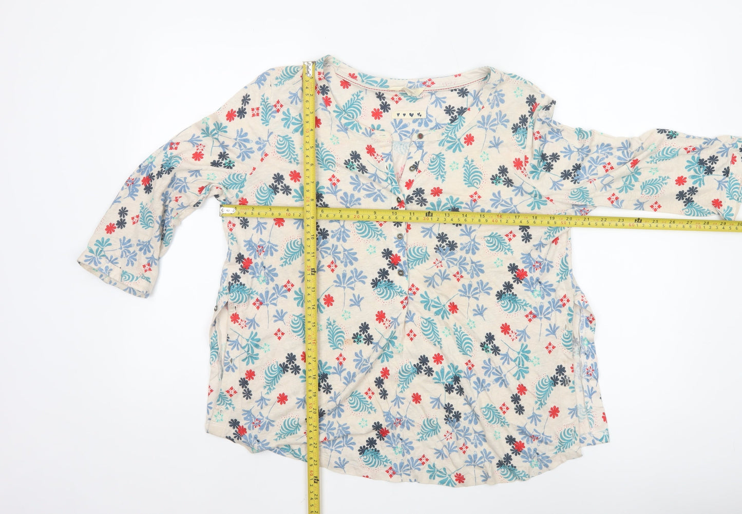 White Stuff Women's Beige Floral Cotton 3/4 Sleeve Tunic Blouse Size 12