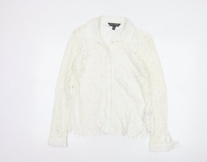Lipsy London Women Ivory Lace Collared Long Sleeve Tunic Blouse Size 10