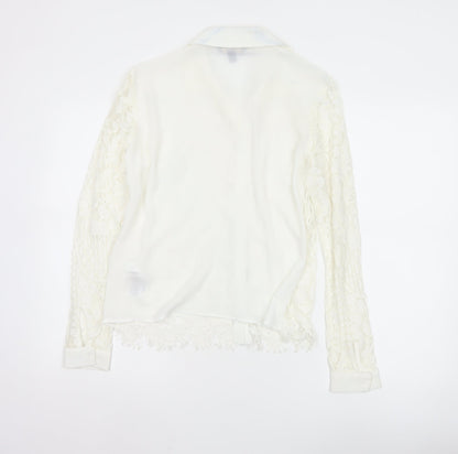 Lipsy London Women Ivory Lace Collared Long Sleeve Tunic Blouse Size 10