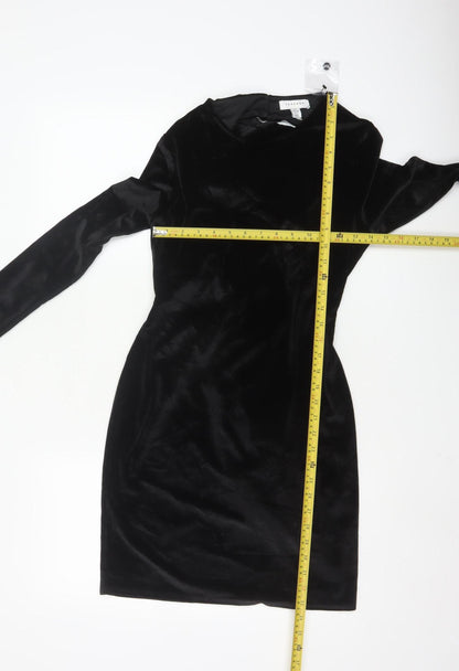 Topshop Women Black Velvet Bodycon Mini Dress Size 8-10 Long Sleeve