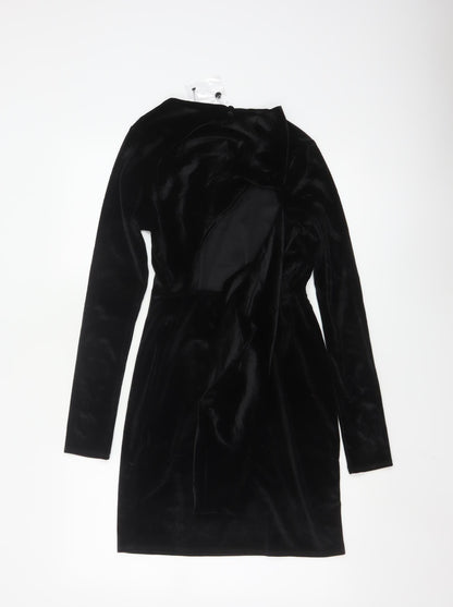 Topshop Women Black Velvet Bodycon Mini Dress Size 8-10 Long Sleeve