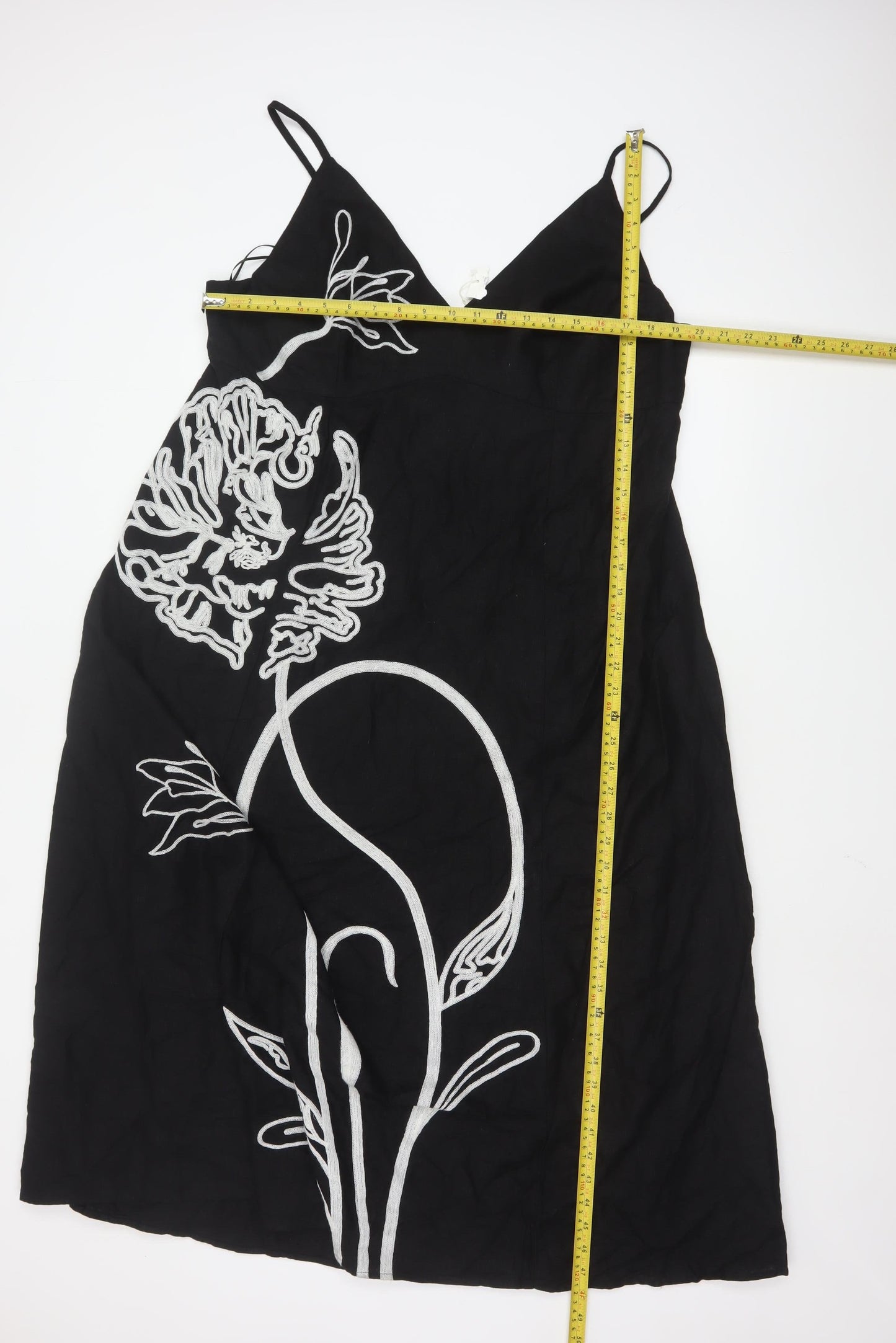 Marks and Spencer Women Black Linen Slip Dress Size 18 Embroidered Floral