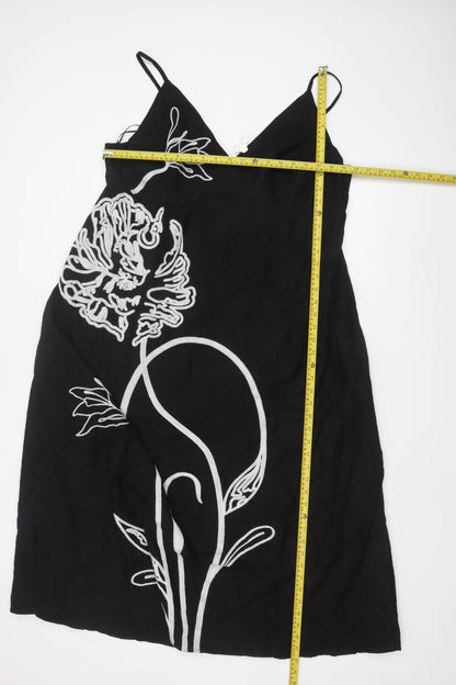Marks and Spencer Women Black Linen Slip Dress Size 18 Embroidered Floral