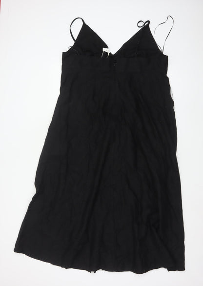 Marks and Spencer Women Black Linen Slip Dress Size 18 Embroidered Floral