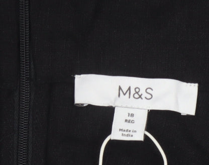 Marks and Spencer Women Black Linen Slip Dress Size 18 Embroidered Floral