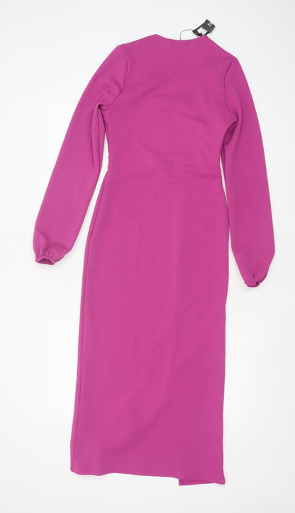 Boohoo Women Pink Midi Bodycon Dress Size 10 Long Sleeve Square Neck