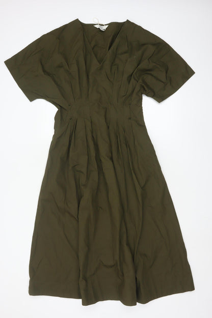 Marks and Spencer Women Green Size 10 A-Line Midi Cotton Dress
