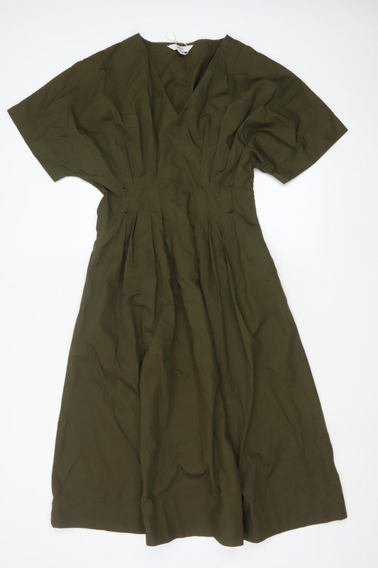 Marks and Spencer Women Green Size 10 A-Line Midi Cotton Dress