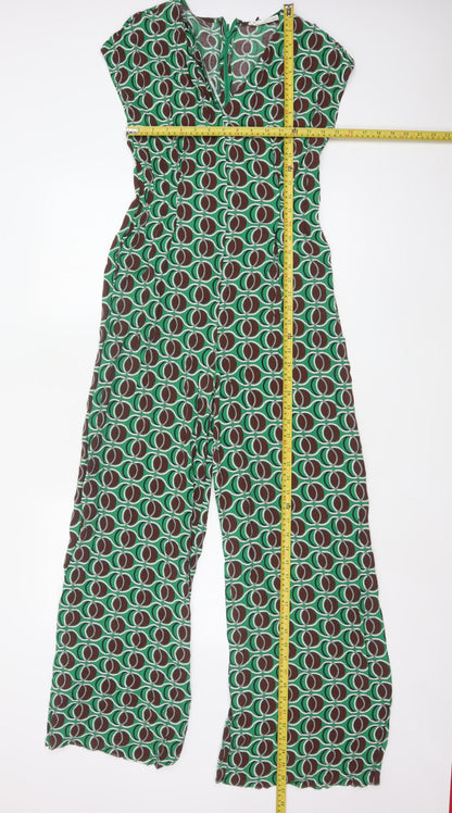 MNG Women's Green Geometric Wide-Leg Jumpsuit Size M V-Neck Zip Back