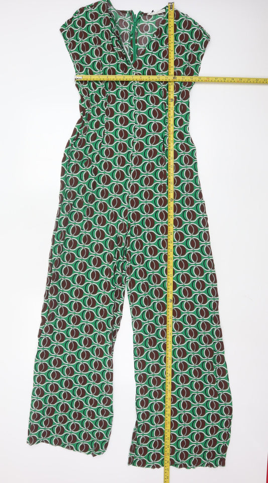 MNG Women's Green Geometric Wide-Leg Jumpsuit Size M V-Neck Zip Back