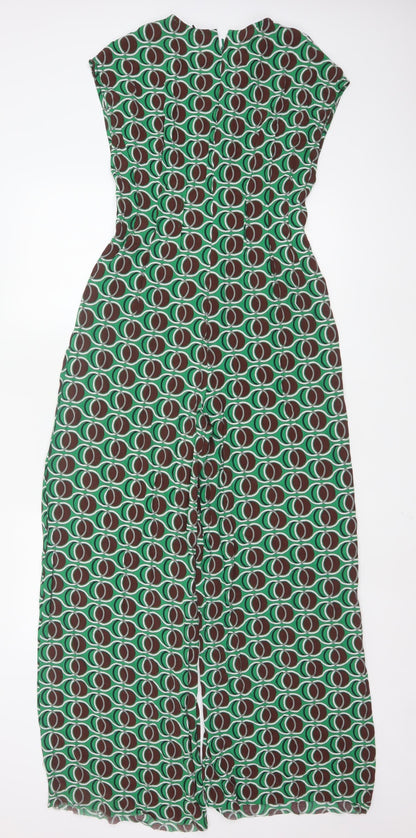 MNG Women's Green Geometric Wide-Leg Jumpsuit Size M V-Neck Zip Back